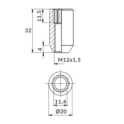 Tuner wielmoeren op Torx voor wielen met smal gat - M12x1.5 / verzinkt - (smal) - TUV (EU) - Afbeelding 3