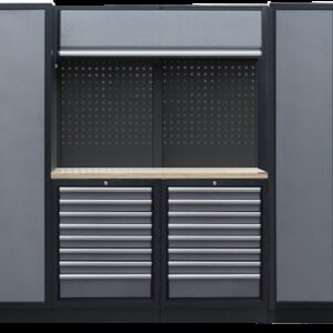PROFESSIONEEL GARAGE WANDSYSTEEM 2 RUGPANELEN+ 2 KASTEN MET HOUTEN WERKBLAD