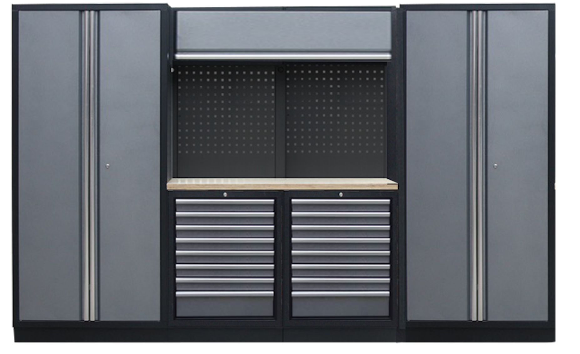PROFESSIONEEL GARAGE WANDSYSTEEM 2 RUGPANELEN+ 2 KASTEN MET HOUTEN WERKBLAD