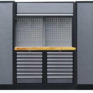 PROFESSIONEEL GARAGE WANDSYSTEEM 2 RUGPANELEN+ 2 KASTEN MET HOUTEN WERKBLAD