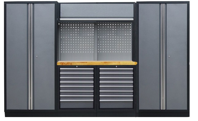 PROFESSIONEEL GARAGE WANDSYSTEEM 2 RUGPANELEN+ 2 KASTEN MET HOUTEN WERKBLAD