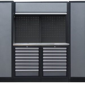 PROFESSIONEEL GARAGE WANDSYSTEEM 2 RUGPANELEN+ 2 KASTEN MET RVS WERKBLAD