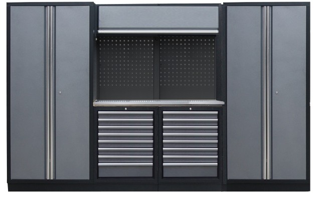PROFESSIONEEL GARAGE WANDSYSTEEM 2 RUGPANELEN+ 2 KASTEN MET RVS WERKBLAD