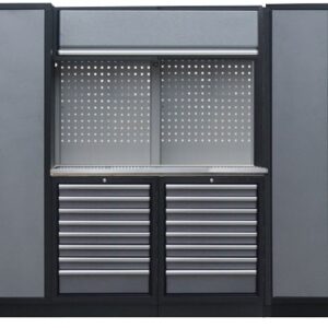 PROFESSIONEEL GARAGE WANDSYSTEEM 2 RUGPANELEN+ 2 KASTEN MET RVS WERKBLAD