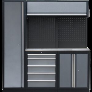 PROFESSIONEEL GARAGE WANDSYSTEEM 2 RUGPANELEN+KAST MET RVS WERKBLAD