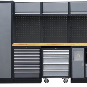 PROFESSIONEEL GARAGE WANDSYSTEEM 3 RUGPANELEN+ 1 KAST MET HOUTEN WERKBLAD