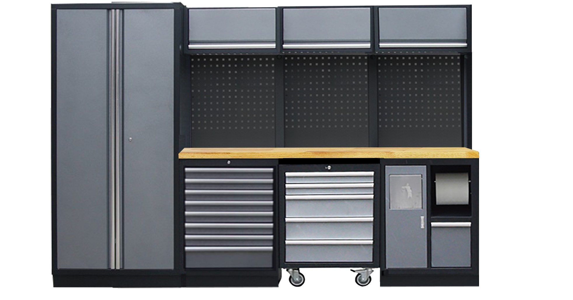 PROFESSIONEEL GARAGE WANDSYSTEEM 3 RUGPANELEN+ 1 KAST MET HOUTEN WERKBLAD