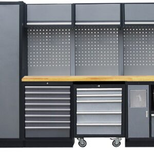 PROFESSIONEEL GARAGE WANDSYSTEEM 3 RUGPANELEN+ 1 KAST MET HOUTEN WERKBLAD