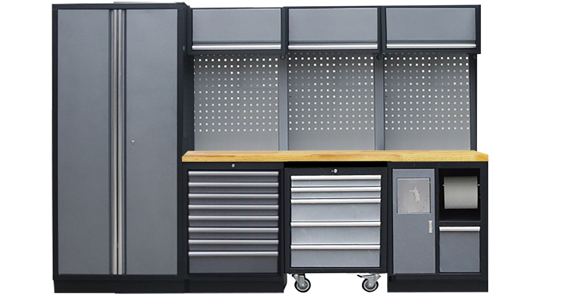 PROFESSIONEEL GARAGE WANDSYSTEEM 3 RUGPANELEN+ 1 KAST MET HOUTEN WERKBLAD
