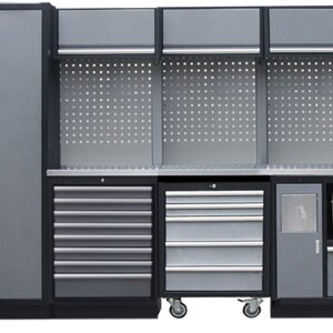 PROFESSIONEEL GARAGE WANDSYSTEEM 3 RUGPANELEN+ 1 KAST MET RVS WERKBLAD