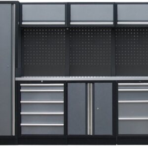PROFESSIONEEL GARAGE WANDSYSTEEM 3 RUGPANELEN+KAST MET RVS WERKBLAD