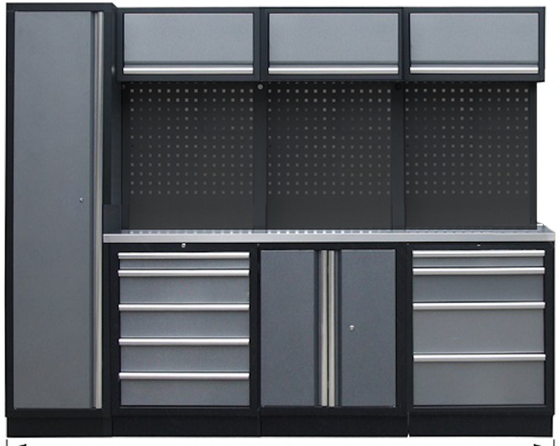 PROFESSIONEEL GARAGE WANDSYSTEEM 3 RUGPANELEN+KAST MET RVS WERKBLAD