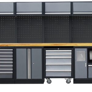 PROFESSIONEEL GARAGE WANDSYSTEEM 4 RUGPANELEN+ 2 HOGEKASTEN MET HOUTEN WERKBLAD