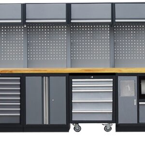 PROFESSIONEEL GARAGE WANDSYSTEEM 4 RUGPANELEN+ 2 HOGEKASTEN MET HOUTEN WERKBLAD