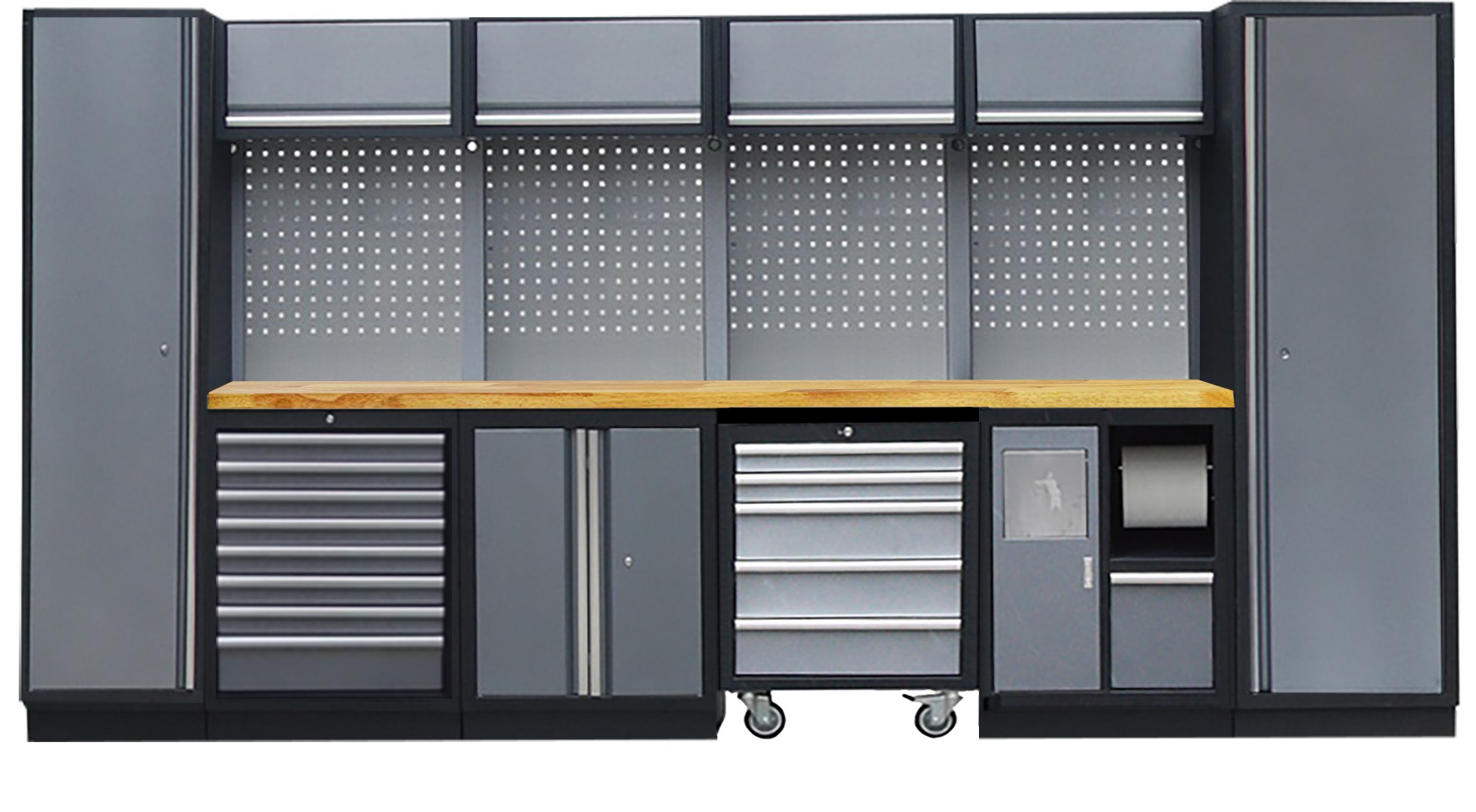 PROFESSIONEEL GARAGE WANDSYSTEEM 4 RUGPANELEN+ 2 HOGEKASTEN MET HOUTEN WERKBLAD