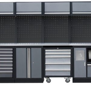 PROFESSIONEEL GARAGE WANDSYSTEEM 4 RUGPANELEN+ 2 HOGEKASTEN MET RVS WERKBLAD