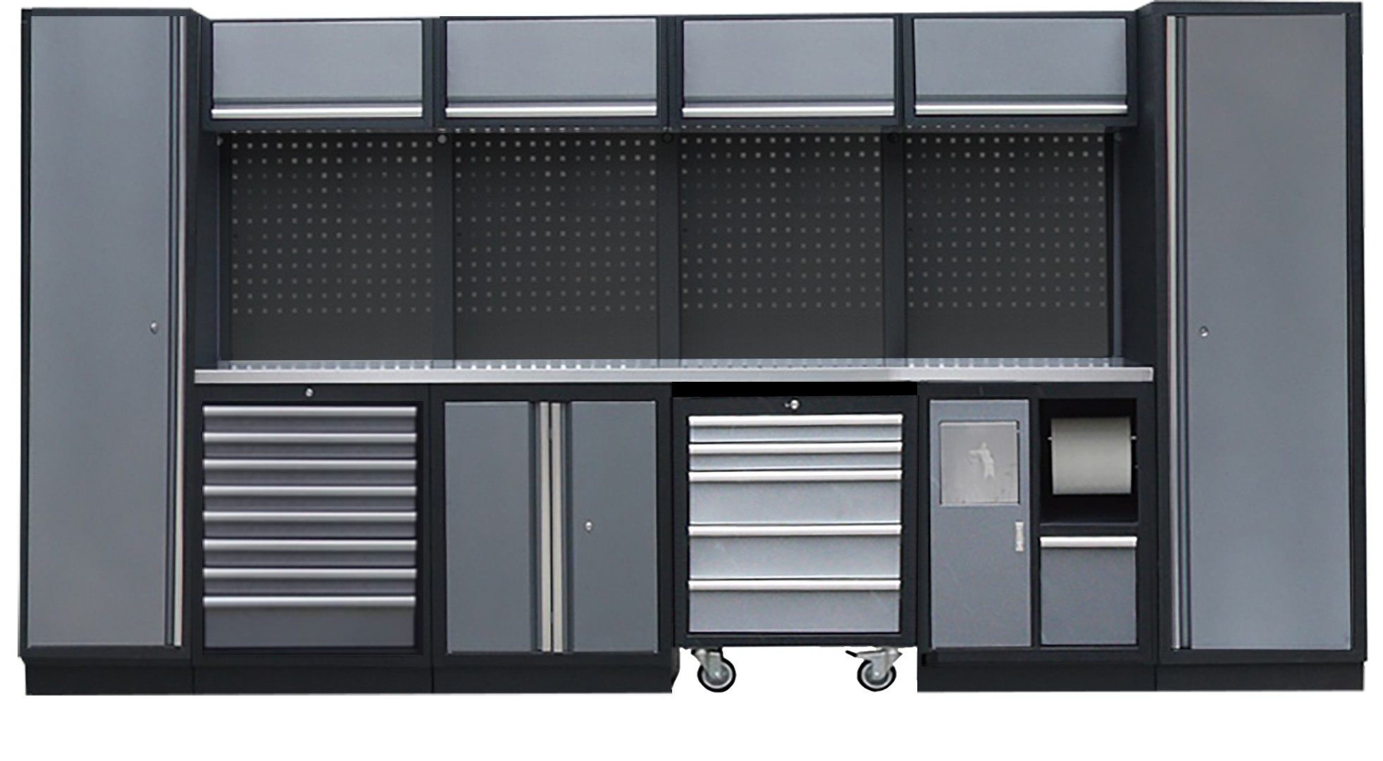 PROFESSIONEEL GARAGE WANDSYSTEEM 4 RUGPANELEN+ 2 HOGEKASTEN MET RVS WERKBLAD