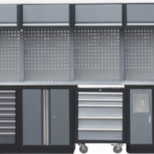 PROFESSIONEEL GARAGE WANDSYSTEEM 4 RUGPANELEN+ 2 HOGEKASTEN MET RVS WERKBLAD