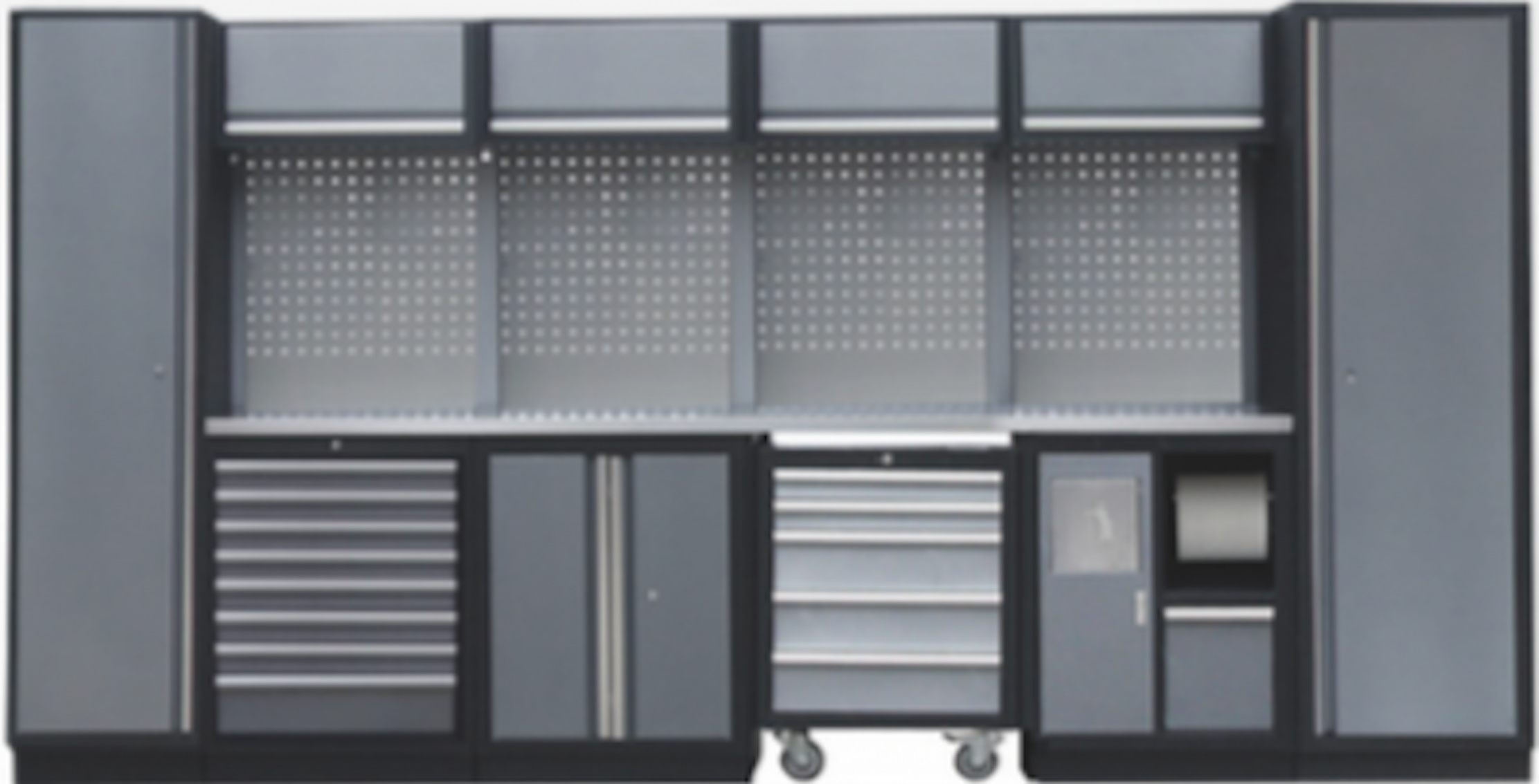 PROFESSIONEEL GARAGE WANDSYSTEEM 4 RUGPANELEN+ 2 HOGEKASTEN MET RVS WERKBLAD