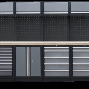 PROFESSIONEEL GARAGE WANDSYSTEEM 4 RUGPANELEN+ 2 KASTEN MET HOUTEN WERKBLAD