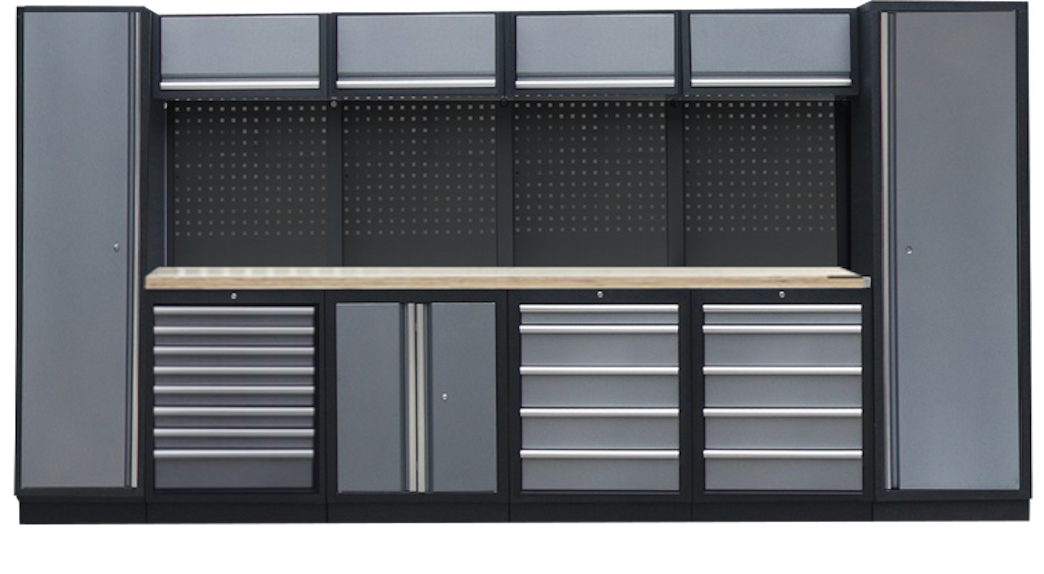 PROFESSIONEEL GARAGE WANDSYSTEEM 4 RUGPANELEN+ 2 KASTEN MET HOUTEN WERKBLAD