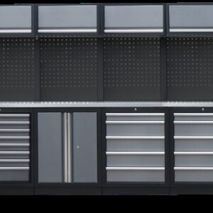PROFESSIONEEL GARAGE WANDSYSTEEM 4 RUGPANELEN+ 2 KASTEN MET RVS WERKBLAD
