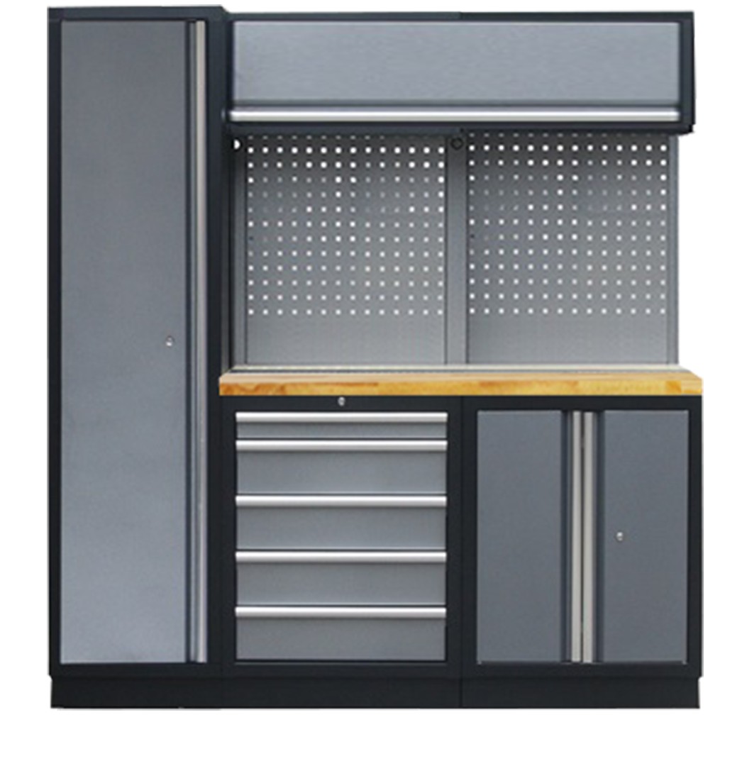 PROFESSIONEEL GARAGE WANDSYSTEEM 2 RUGPANELEN+KAST MET HOUTEN WERKBLAD - Afbeelding 2