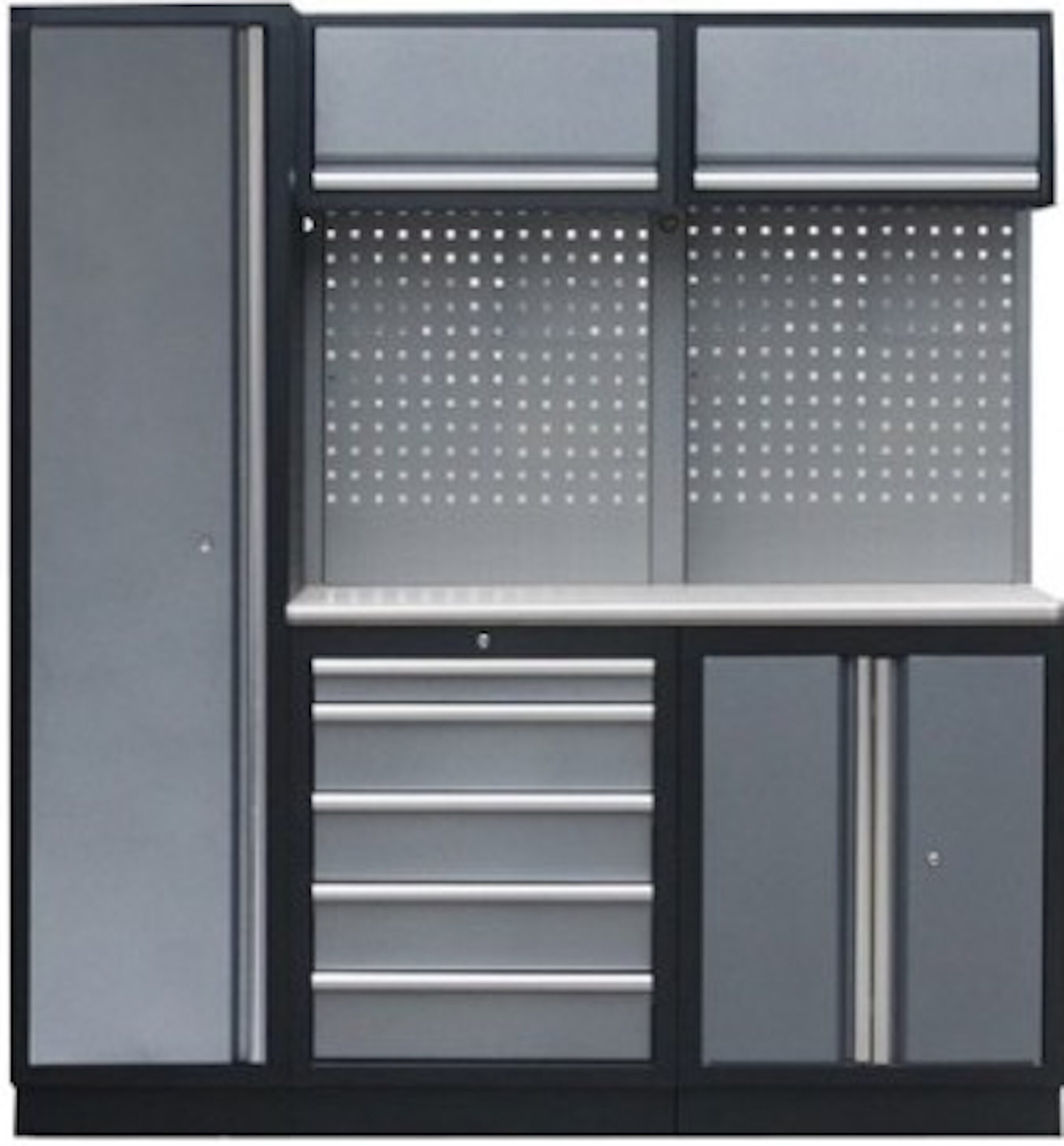 PROFESSIONEEL GARAGE WANDSYSTEEM 2 RUGPANELEN+KAST MET RVS WERKBLAD