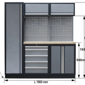 PROFESSIONEEL GARAGE WANDSYSTEEM 2 RUGPANELEN+KAST MET HOUTEN WERKBLAD