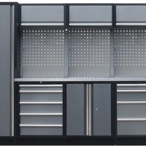 PROFESSIONEEL GARAGE WANDSYSTEEM 3 RUGPANELEN+KAST MET RVS WERKBLAD