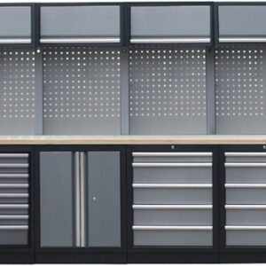 PROFESSIONEEL GARAGE WANDSYSTEEM 4 RUGPANELEN+ 2 KASTEN MET HOUTEN WERKBLAD