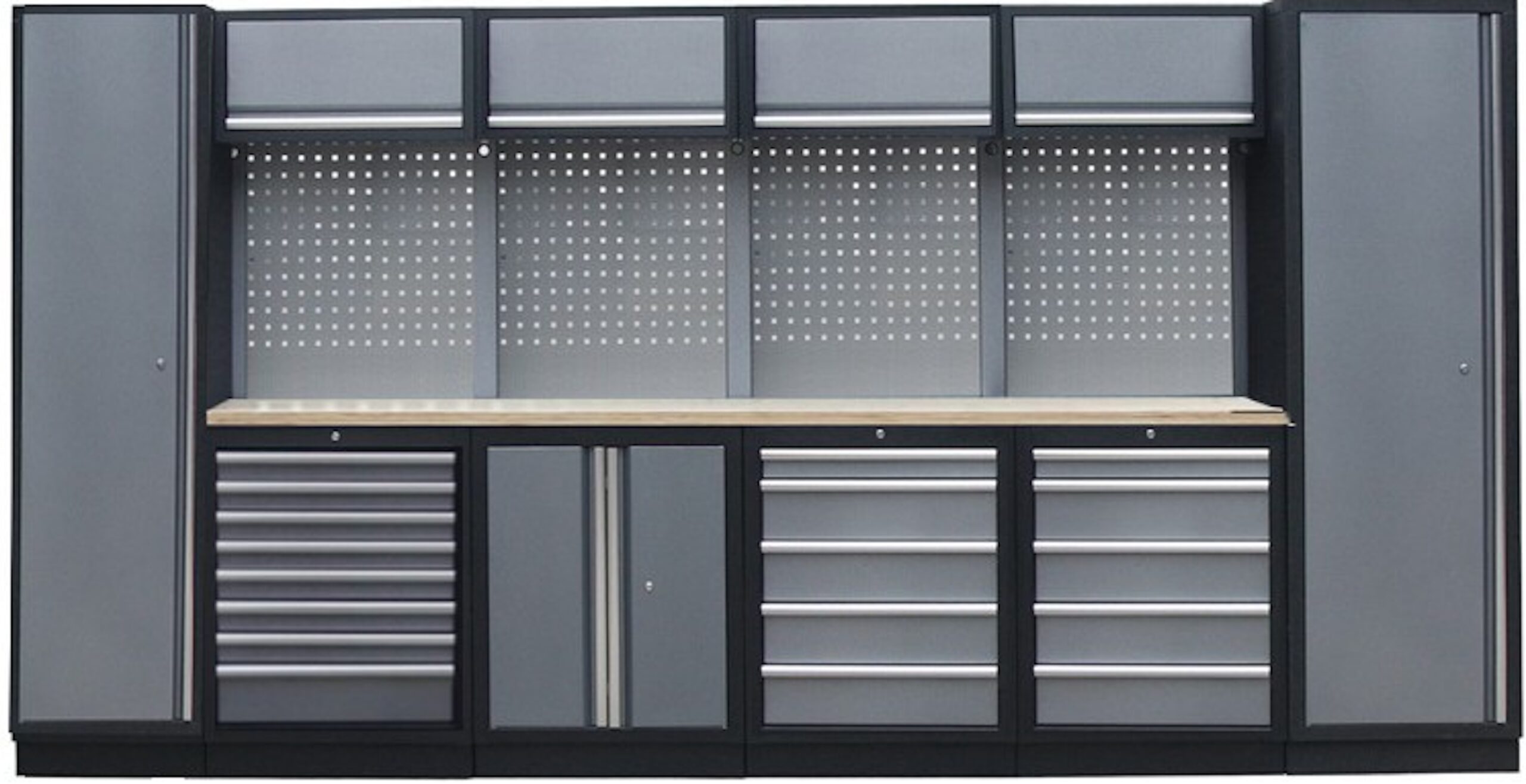 PROFESSIONEEL GARAGE WANDSYSTEEM 4 RUGPANELEN+ 2 KASTEN MET HOUTEN WERKBLAD