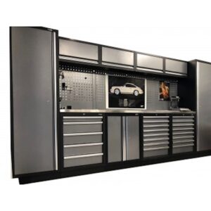 PROFESSIONEEL GARAGE WANDSYSTEEM 4 RUGPANELEN+ 2 KASTEN MET RVS WERKBLAD